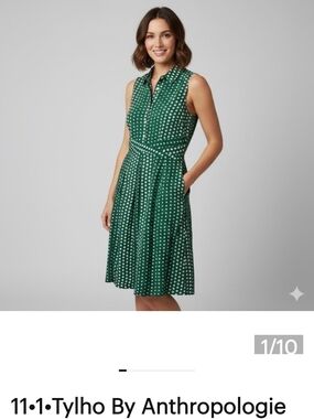 Anthropologie 11.1 Tylho Emerald Green & White Polka Dot Sleeveless  Dress S